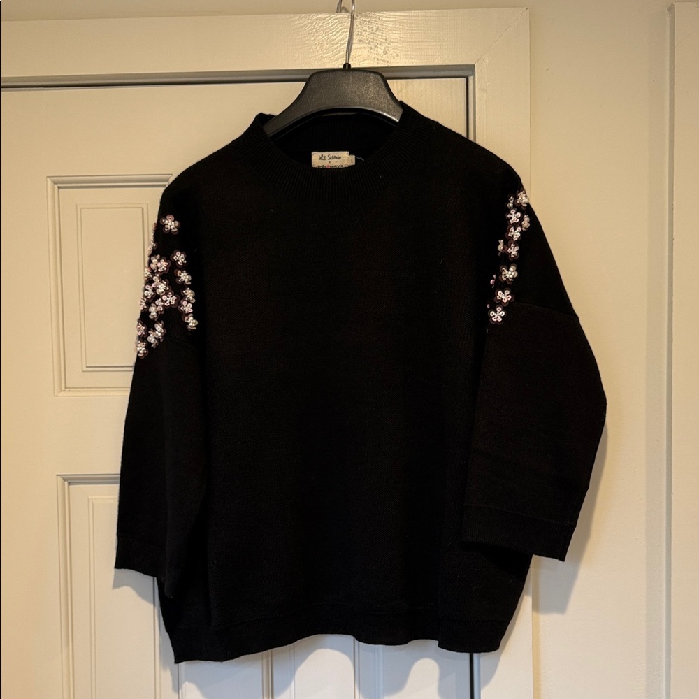 Anthropologie Black Sweater with Floral Embroidery